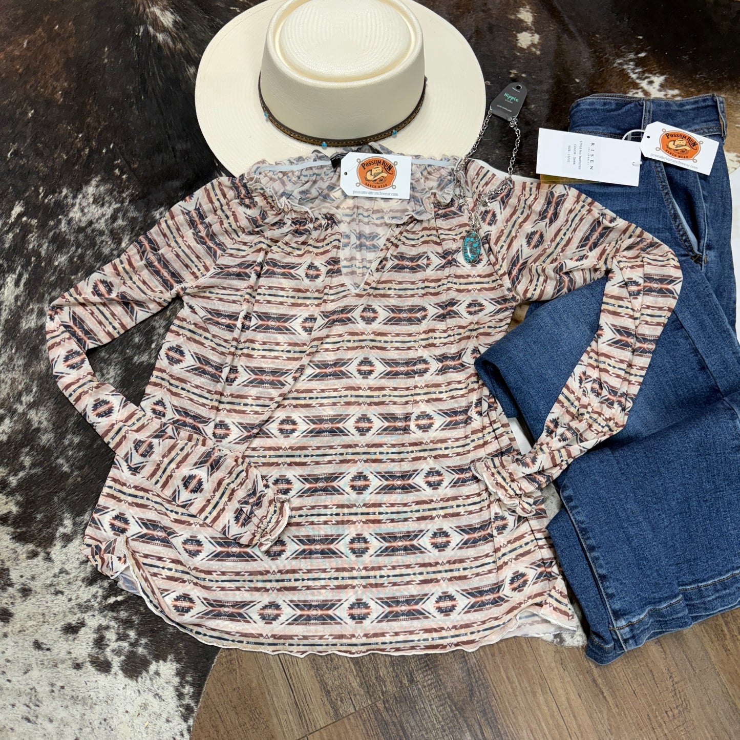 Brown Cream Aztec Mesh Blouse