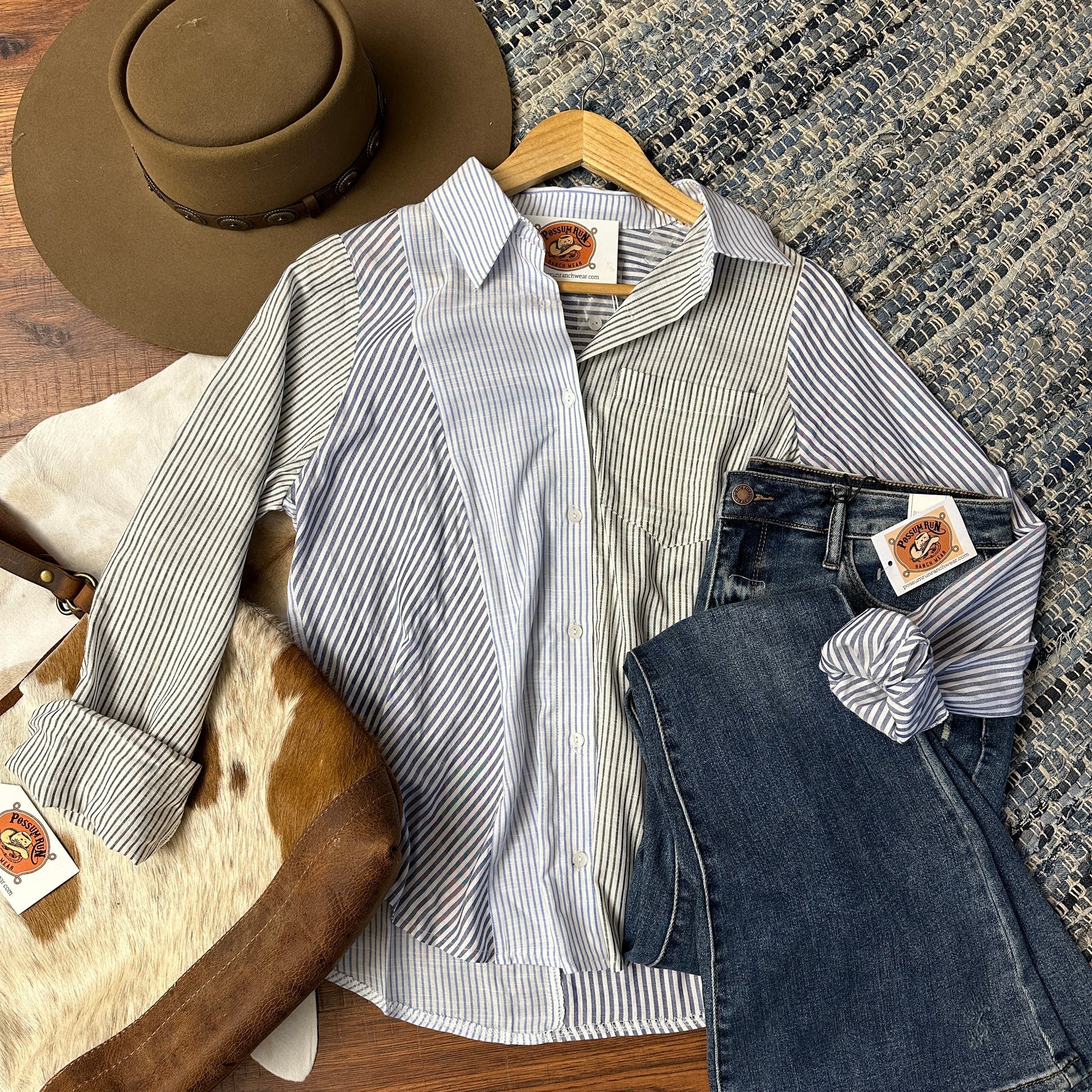 random striped panel button down top.