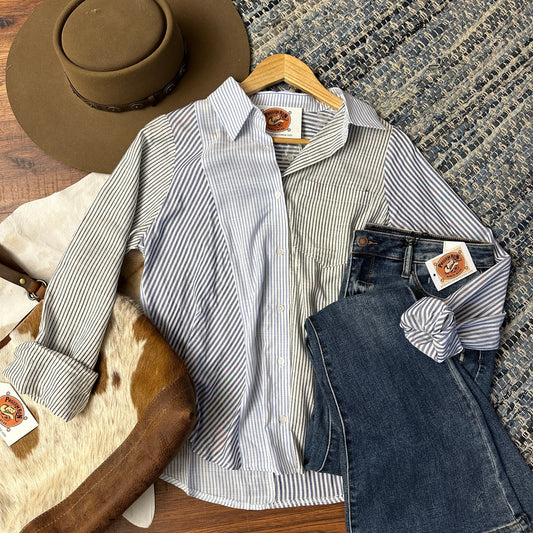 random striped panel button down top.