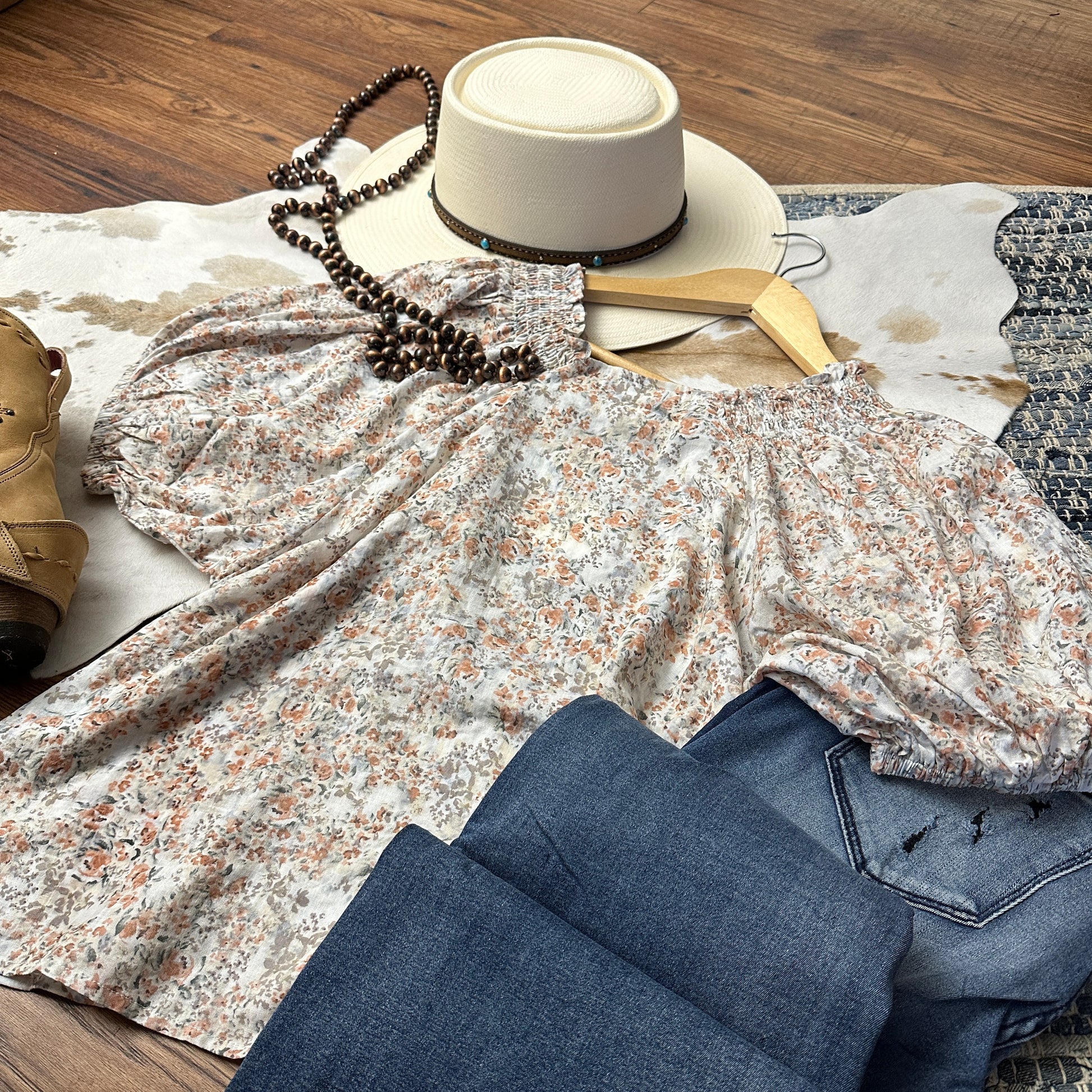 Peach and taupe ditzy floral top.