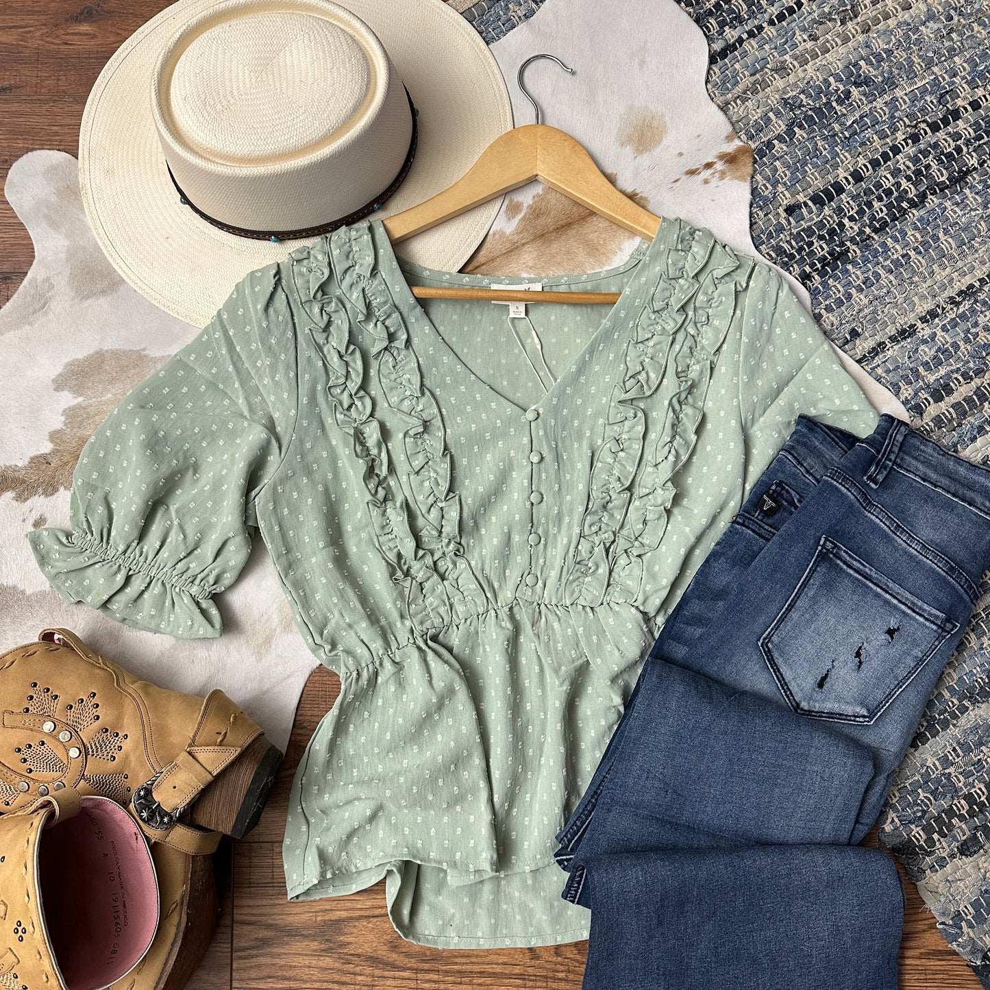 sage swiss dot top with ruffles