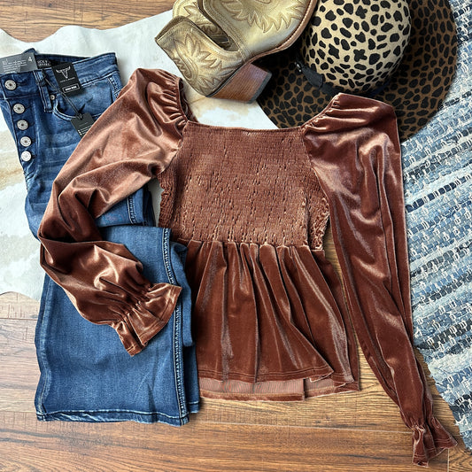 Blush-rusty crushed velvet top with smocking and cinced sleeves.