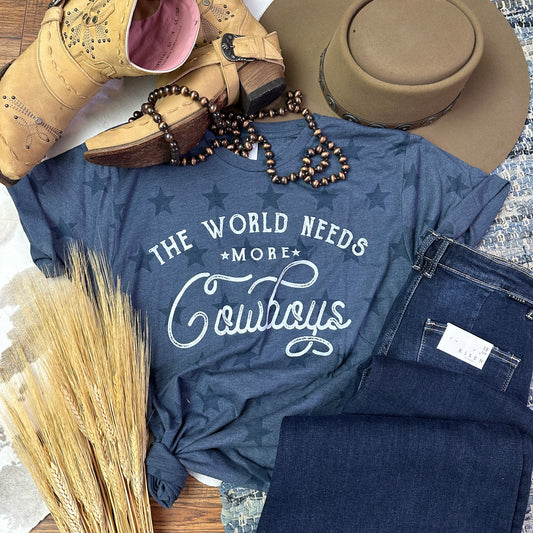 Navy star tee with The World Needs more Cowboys printed. onit.