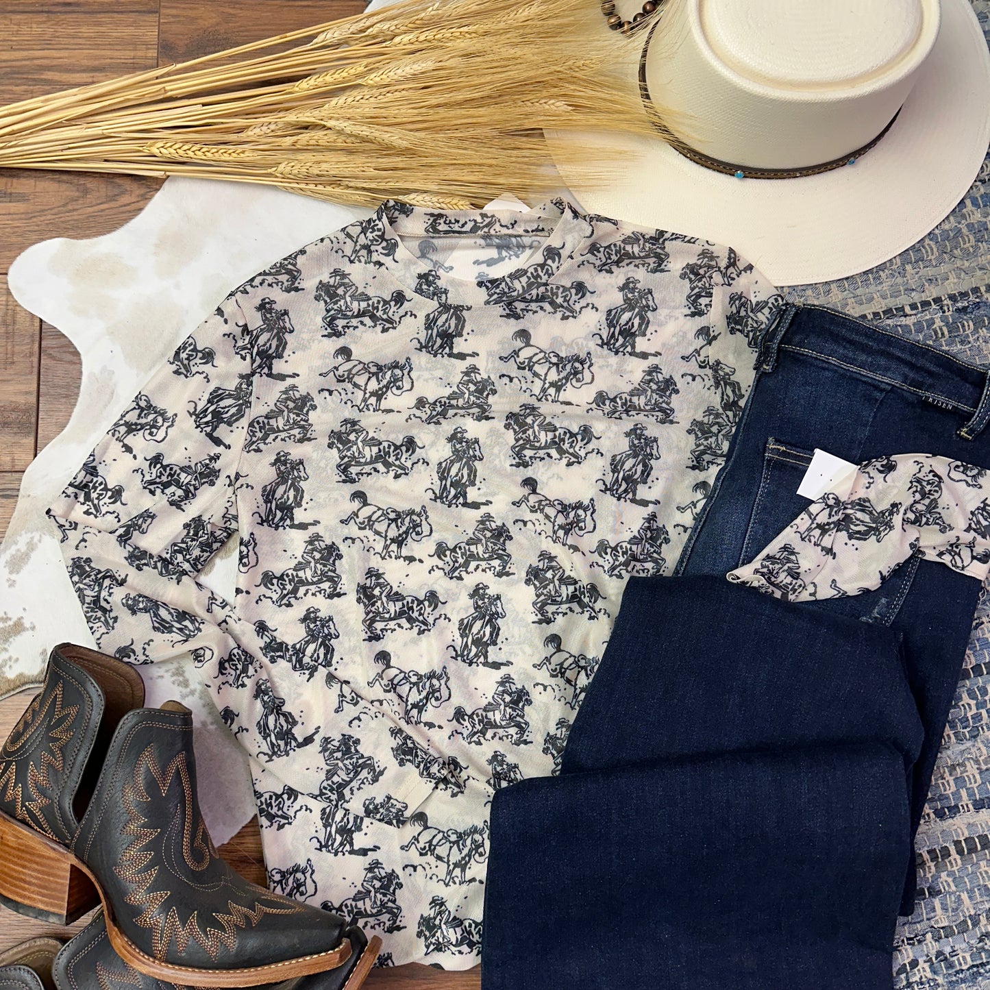 White mesh with black cowboy toile printed shirt.