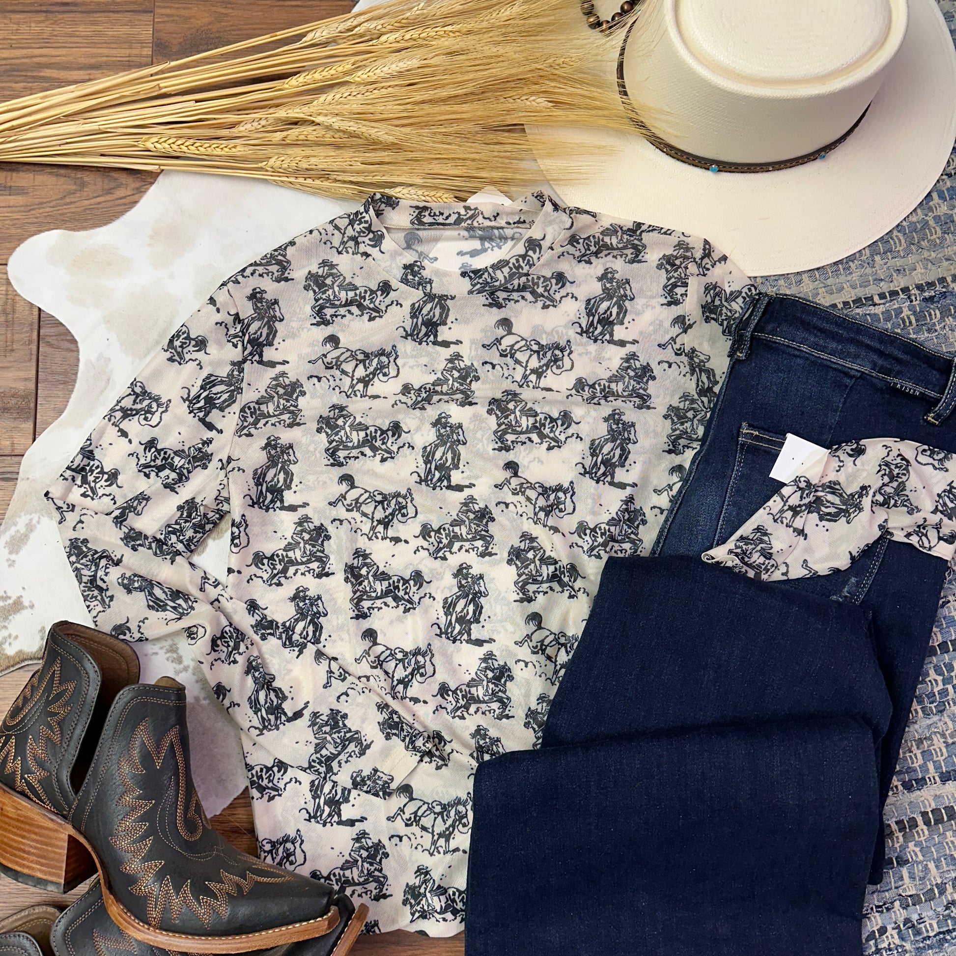 White mesh with black cowboy toile printed shirt.