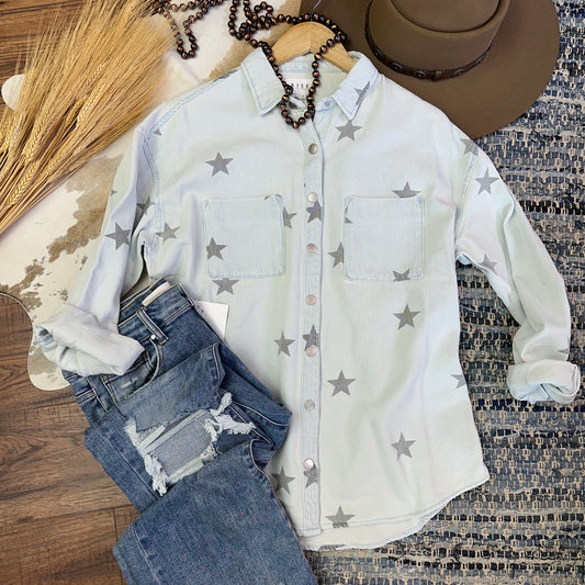 light wash, lightweight denim shirt with silver printed stars.