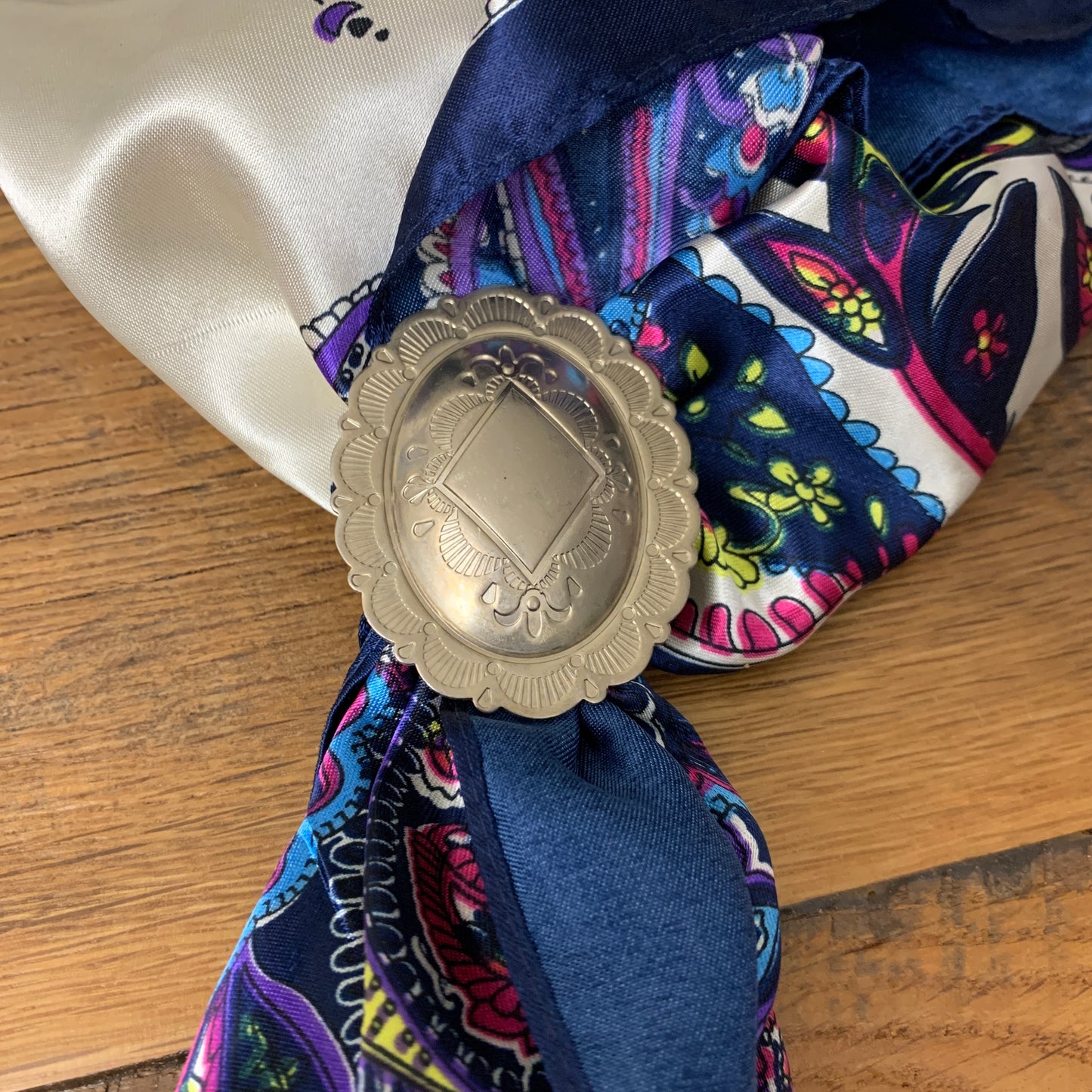 Silver concho scarf slide/ adjustable ring/ tee cinch.