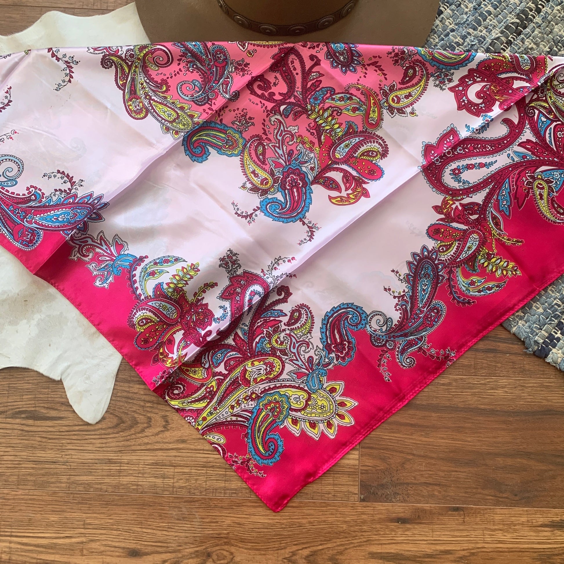 Pink and white with bright colored paisleys.