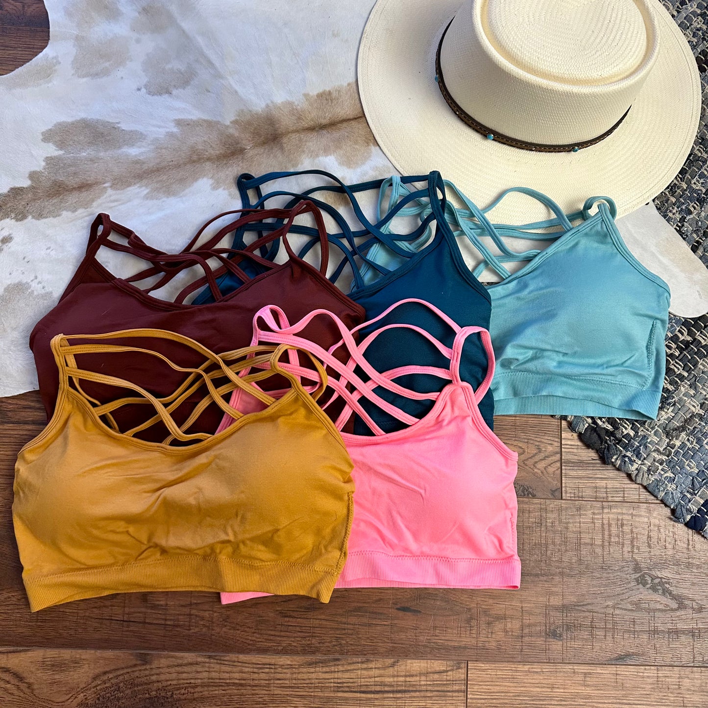 seamless bralette with criss cross straps.