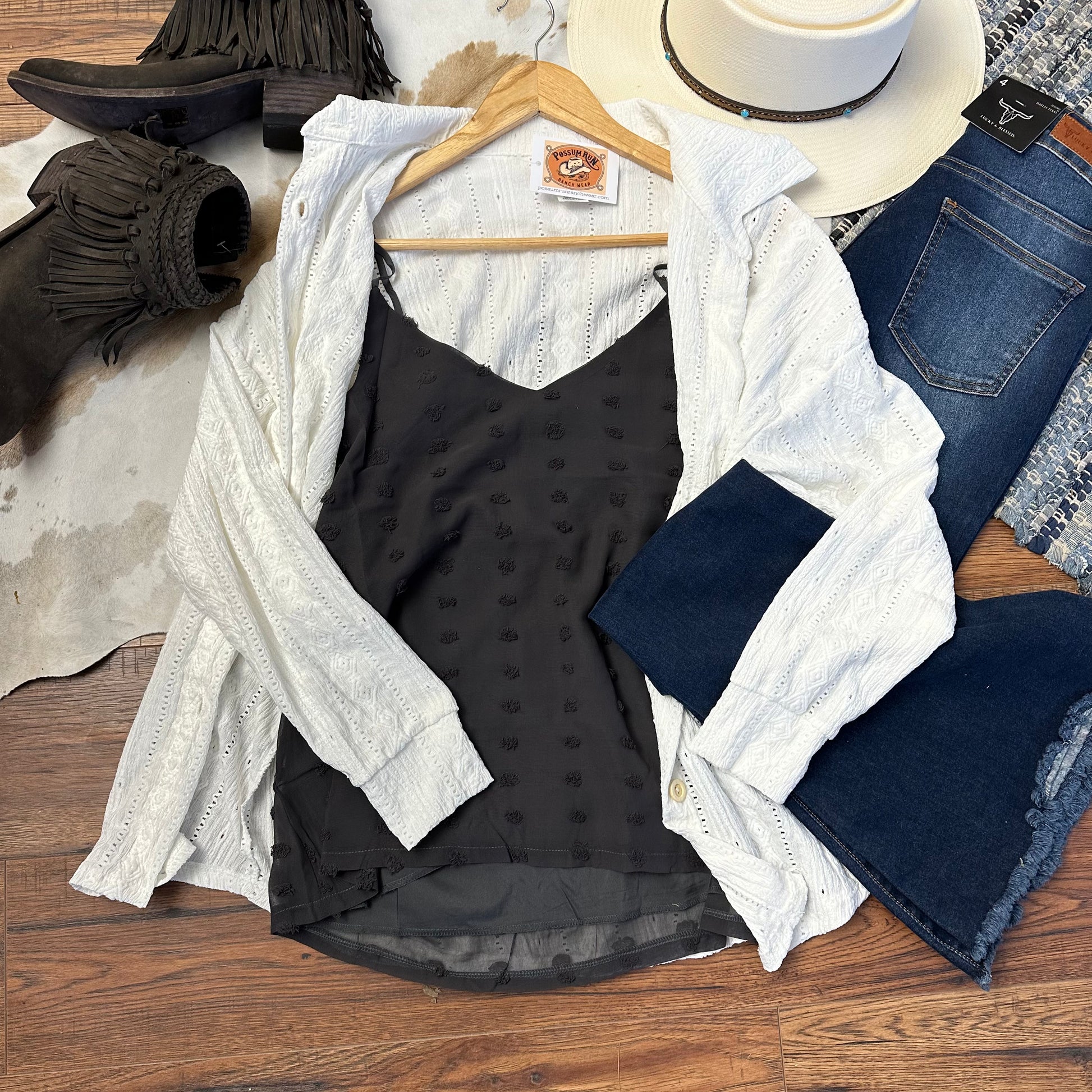 charcoal swiss dot spaghetti strap tank top with lace button up.