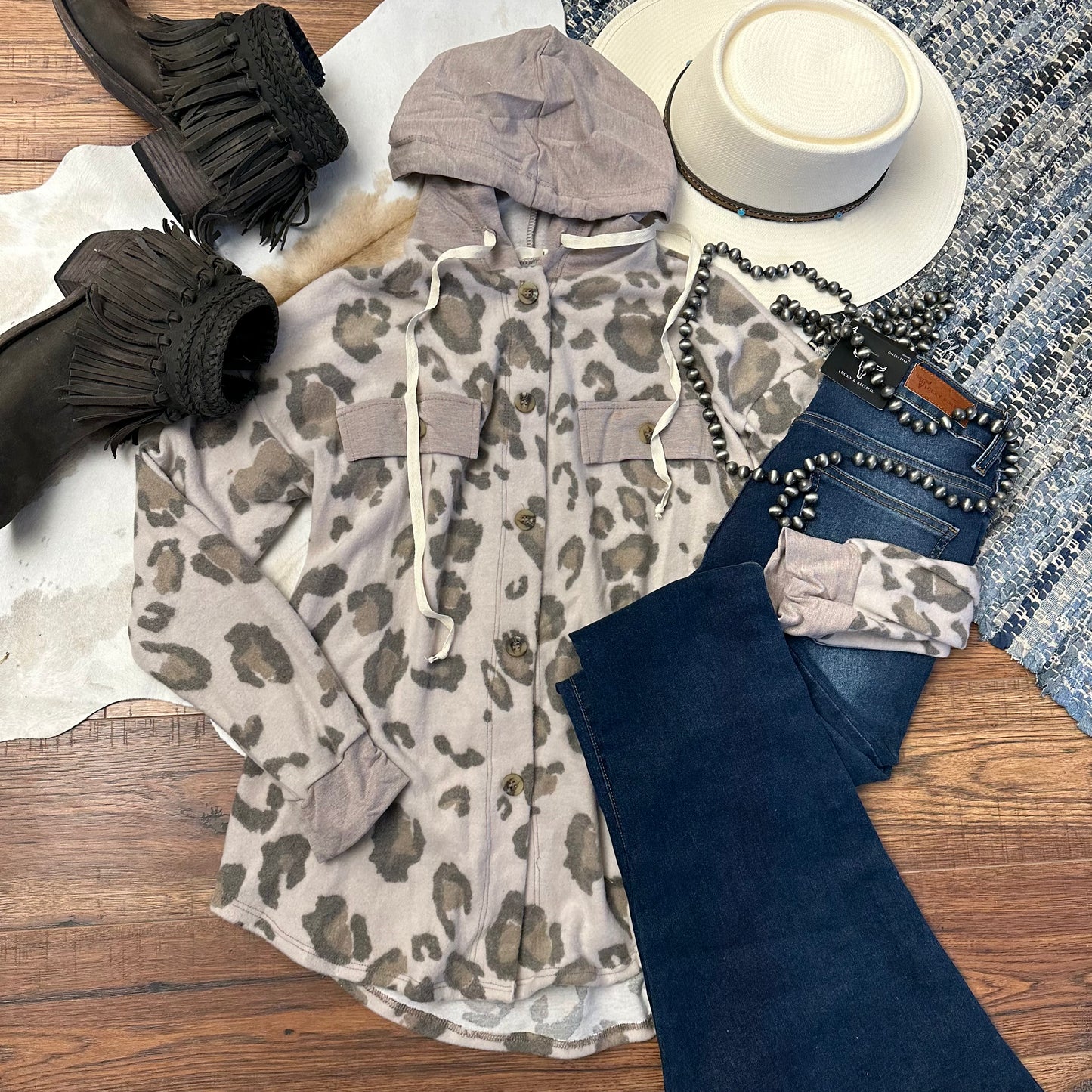 animal print fleecy shacket with hoodie.