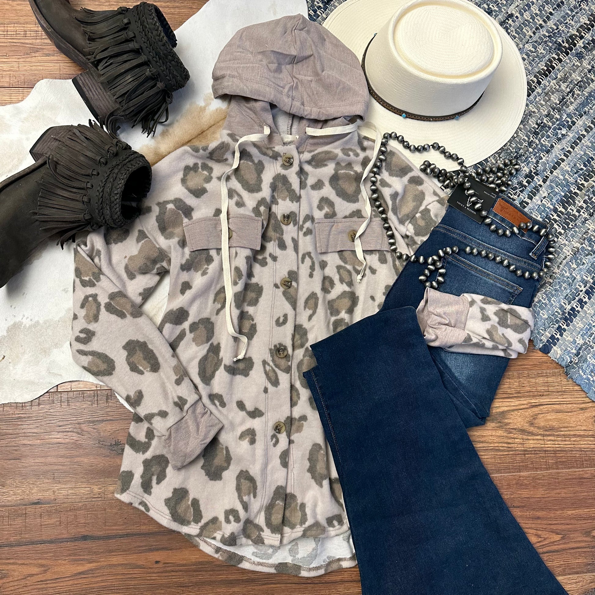 animal print fleecy shacket with hoodie.