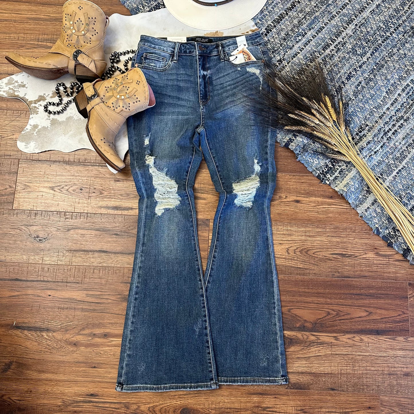 medium wash, distressed knee denim by Judy Blue