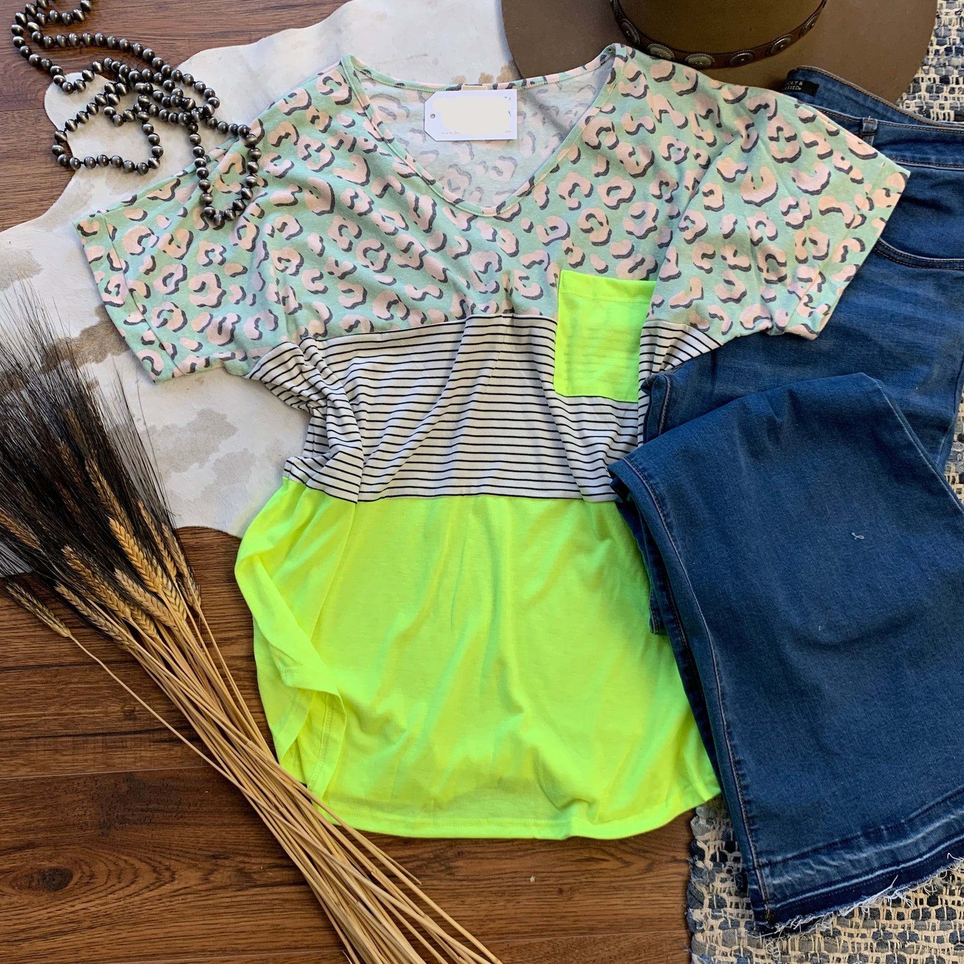 lime green cheetah color block plus top.