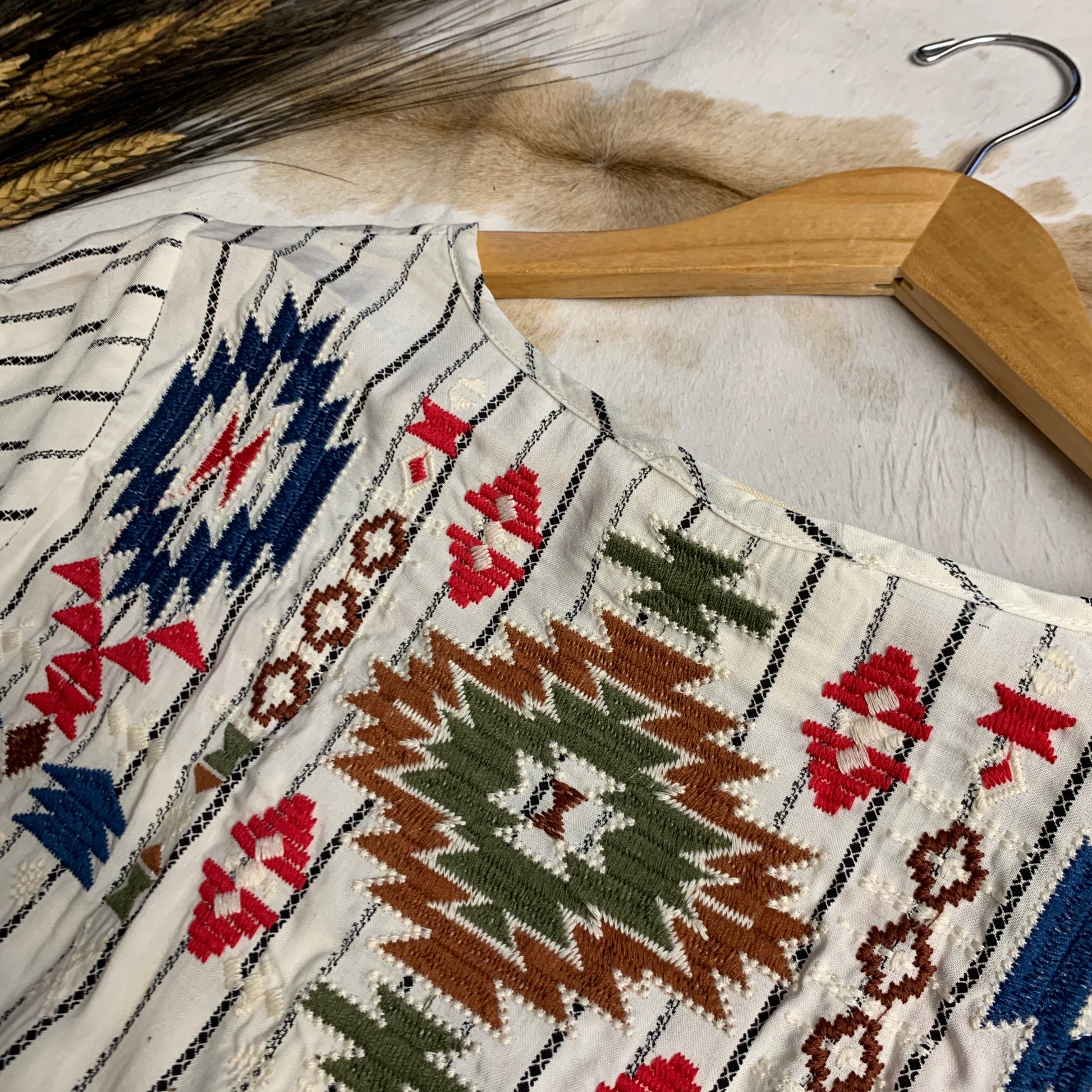 Close up of aztec embroidery.