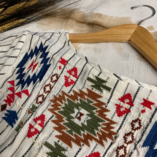 Close up of aztec embroidery.
