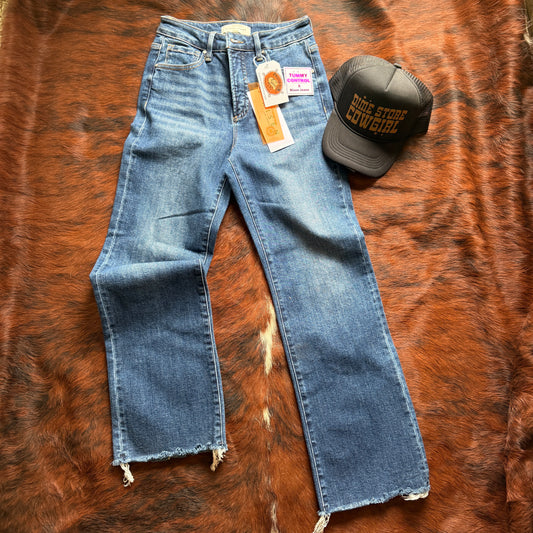 Tummy Control Straight Raw Cut Crop Denim