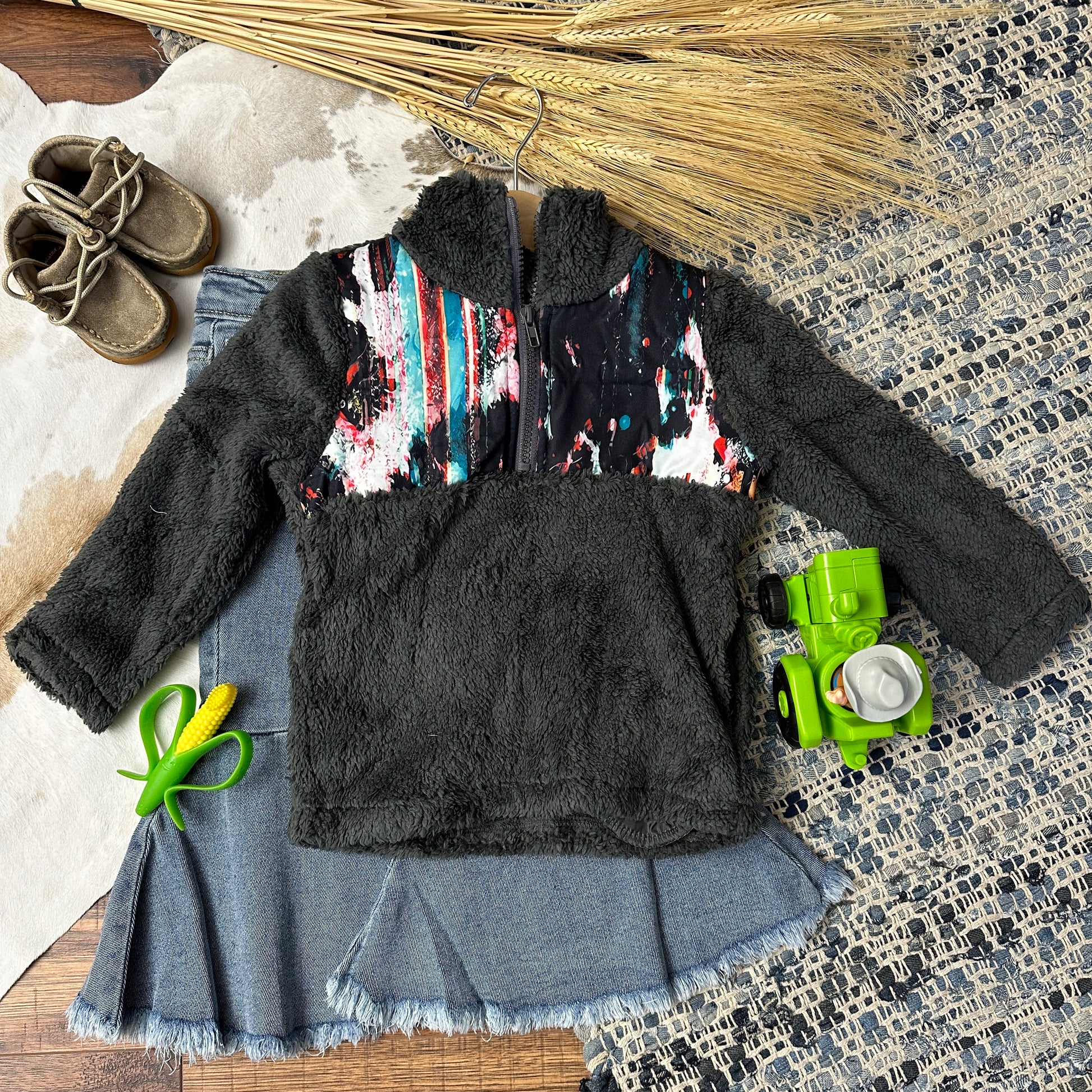 charcoal sherpa with distressed serape yoke.