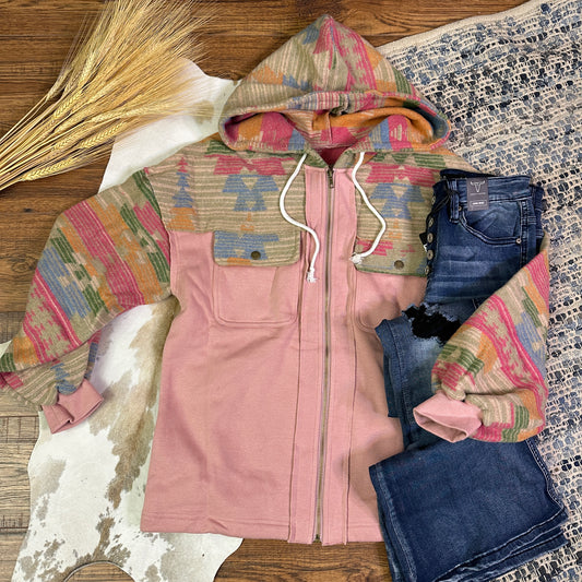 Multi colored aztec shacket with pink jersey body.
