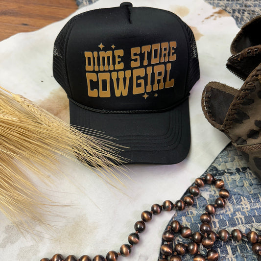 Black mesh hat snapback with dime store cowgirl printed on the front.