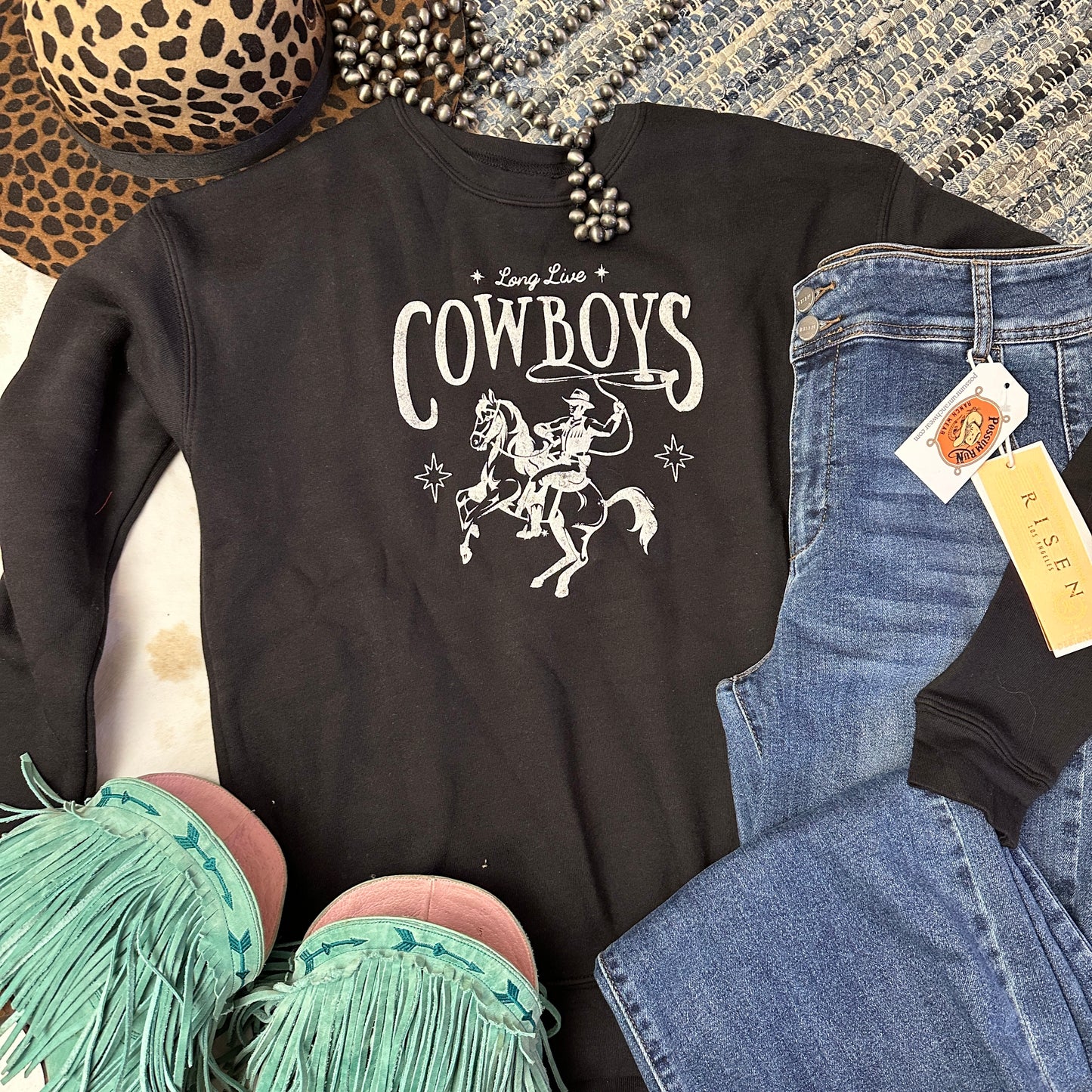 Black sweatshirt with long live cowboys in white ink.