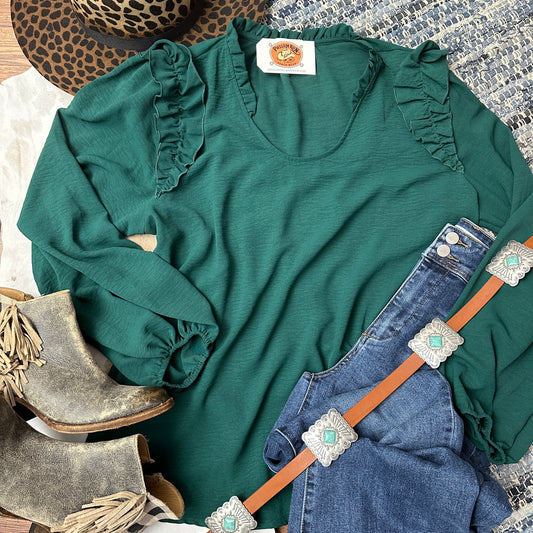 hunter green ruffle top.