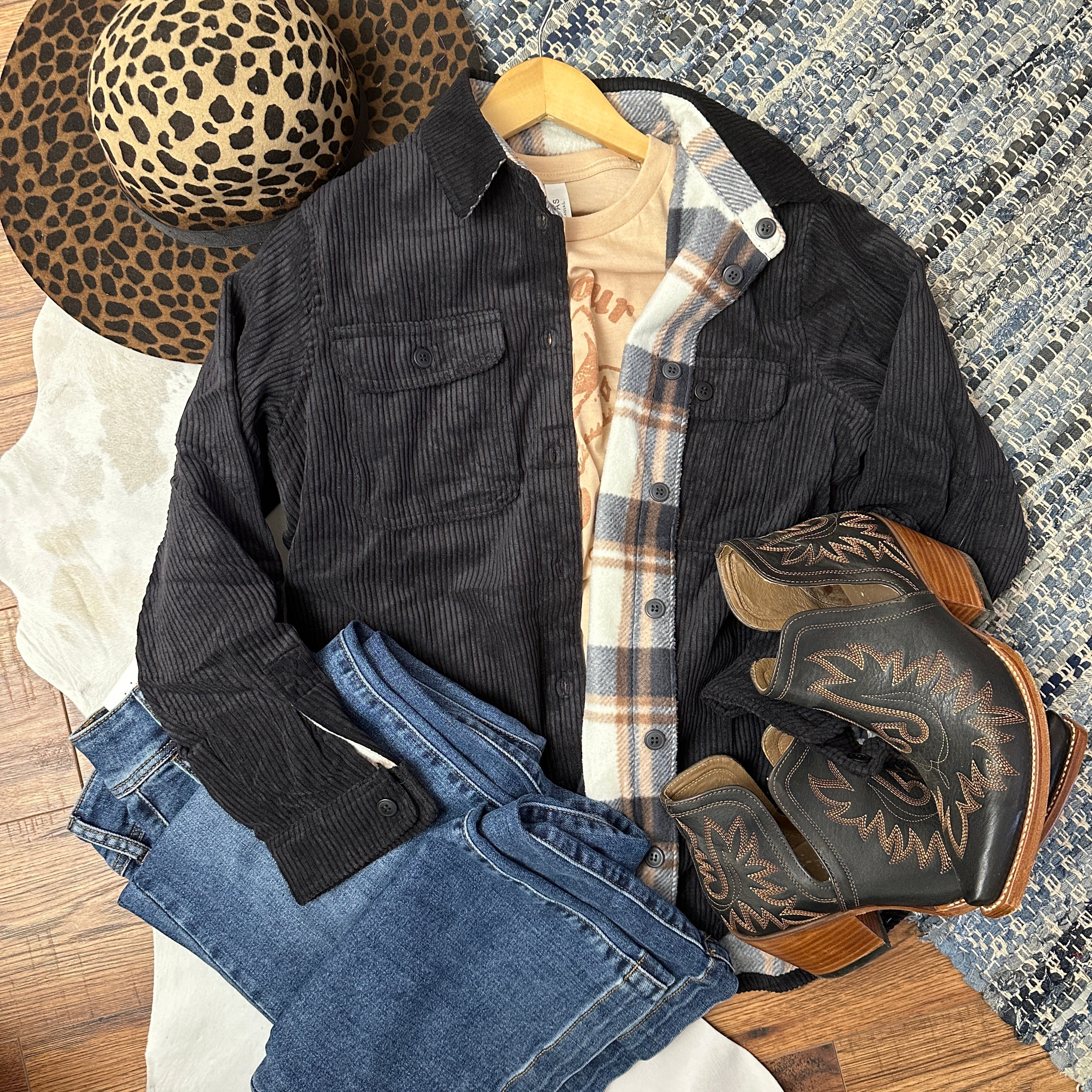 Black Corduroy Plaid Reversible Shacket – Possum Run Ranch Wear