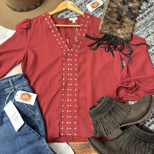 Marsala red studded V neck top.