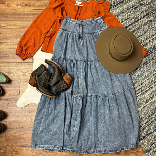 Barn Raising Tiered Denim Maxi Skirt