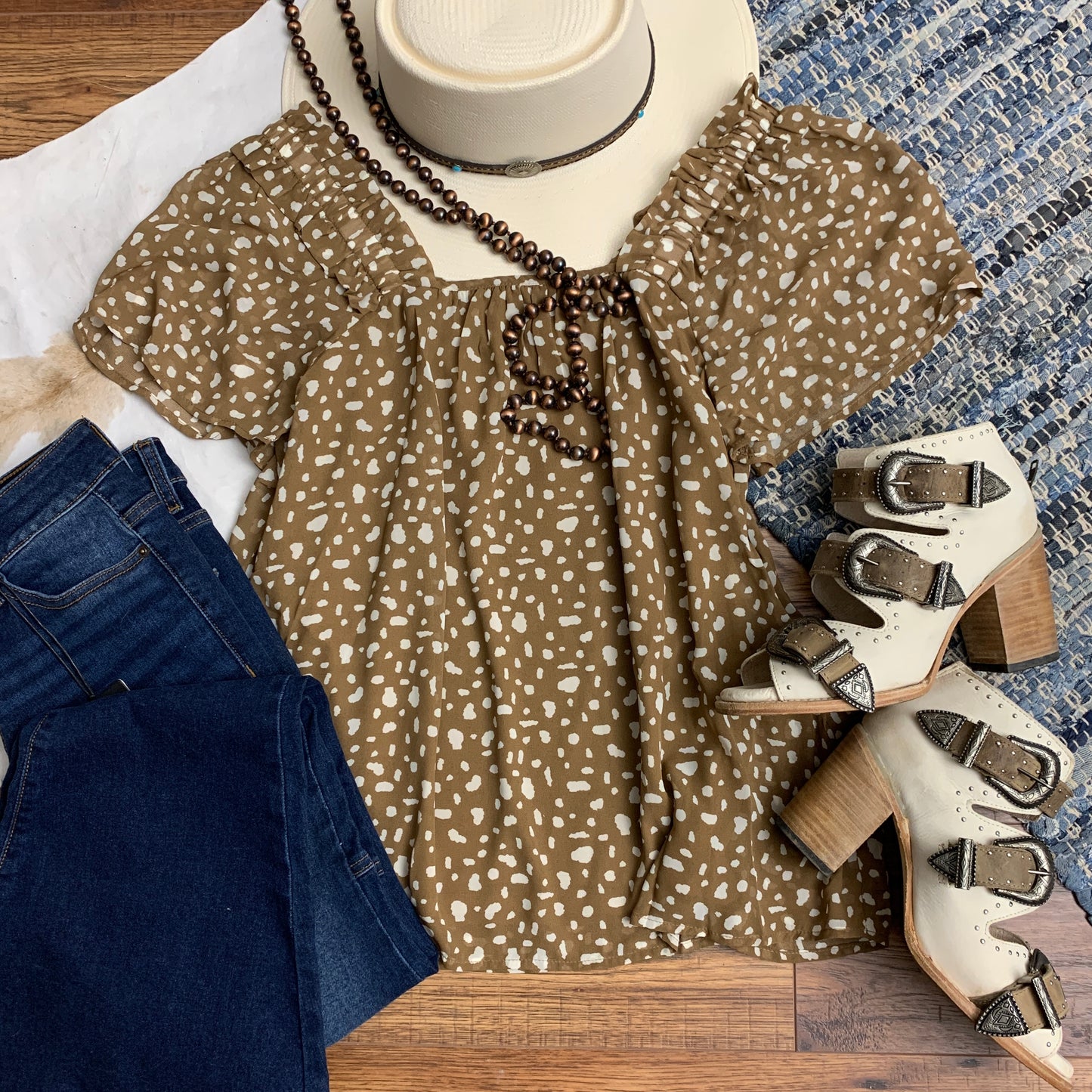 taupe and white dot flutter sleeve top with a square neckline.