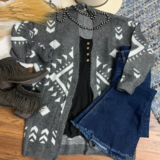 charcoal and white aztec cardigan.