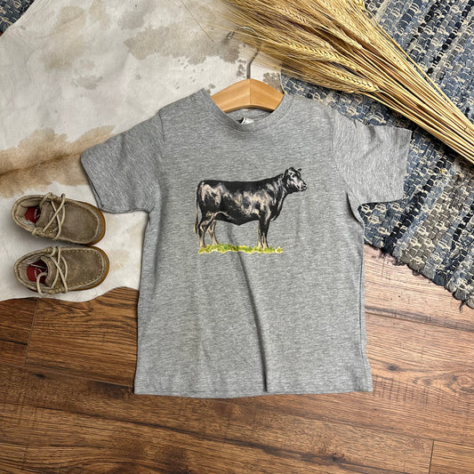 gray children's tee with a picture of an angus cow