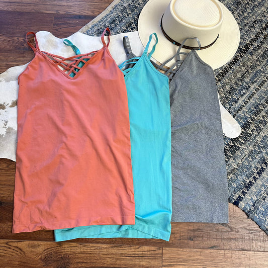 Three criss cross seemless tank tops, rose, mint and gray