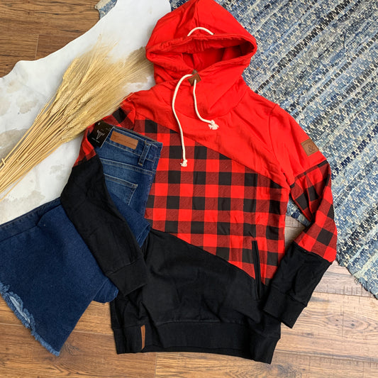 thick color block hoodie with red, red buffalo plaid, and black in a diagonal pattern.