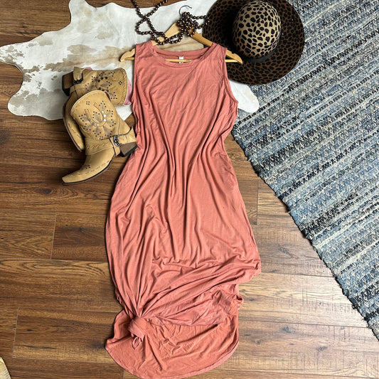 coral pink tank top dress with rounded hemline