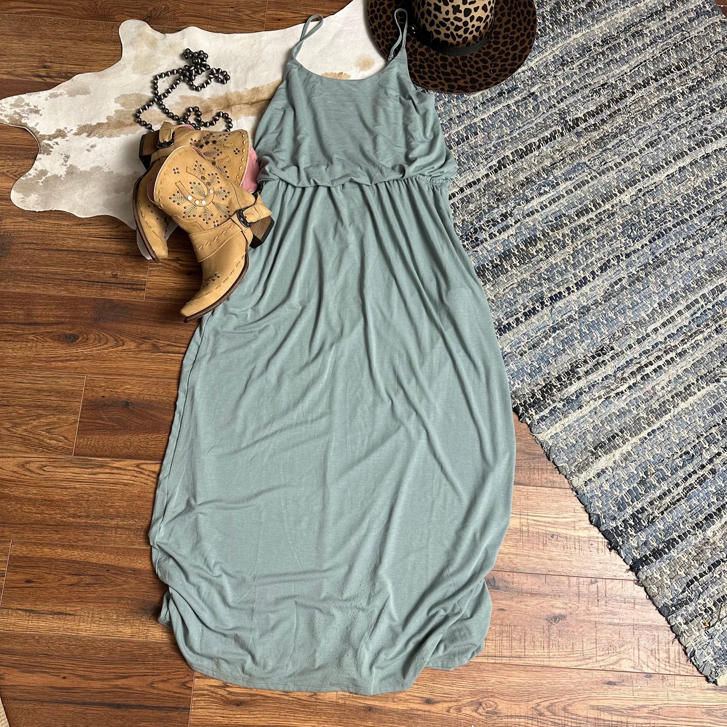 ash blue maxi dress with spaghetti straps