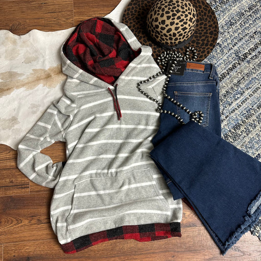 Gray and white french terry sweatshirt with buffalo plaid trim