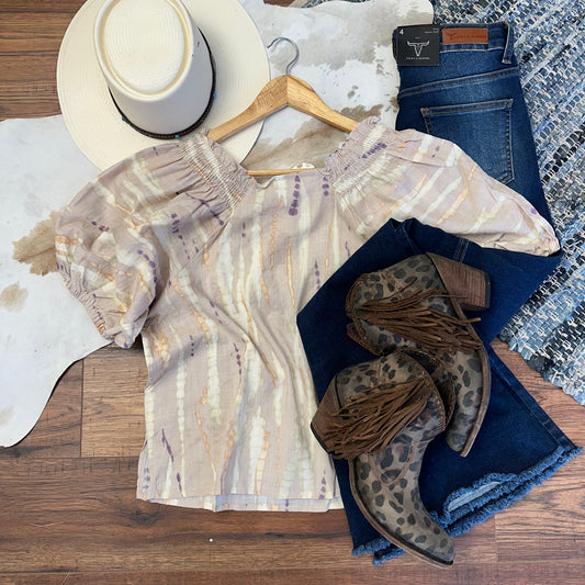 taupe linen top with orange, light green, and purple tie dye.