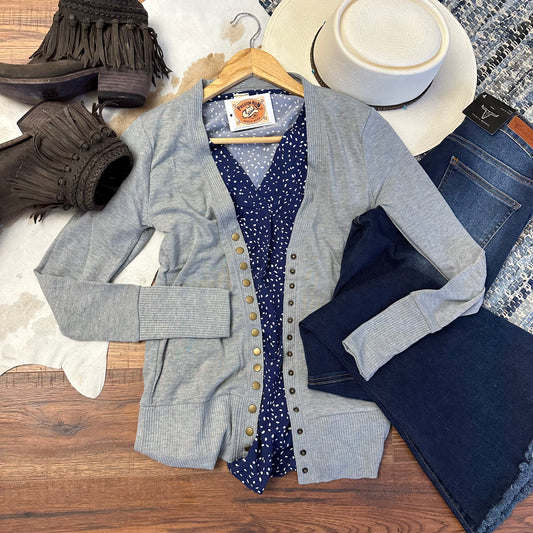 heather gray long sleeved cardigan with navy dotted blouse
