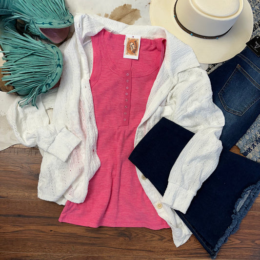 Bright pink botton-front tank top, with lace button up layering it.