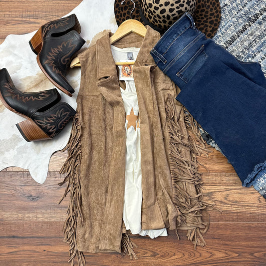 Tan faux suede vest with side fringe.