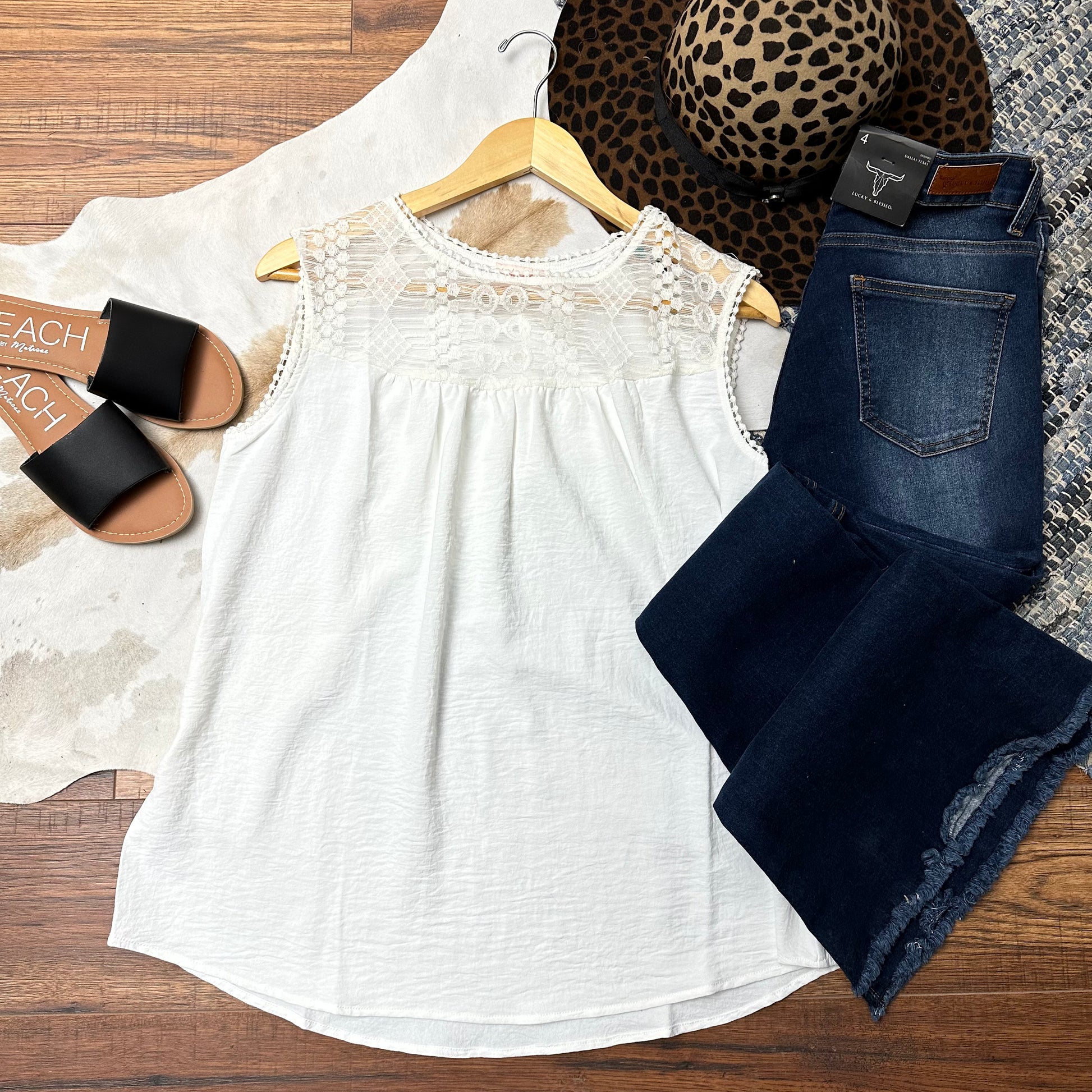 White tank top with aztec lace yoke.