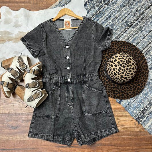 washed charcoal denim romper, front view.