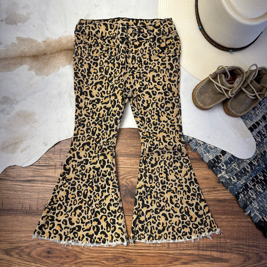 Girls leopard print denim flare pants.