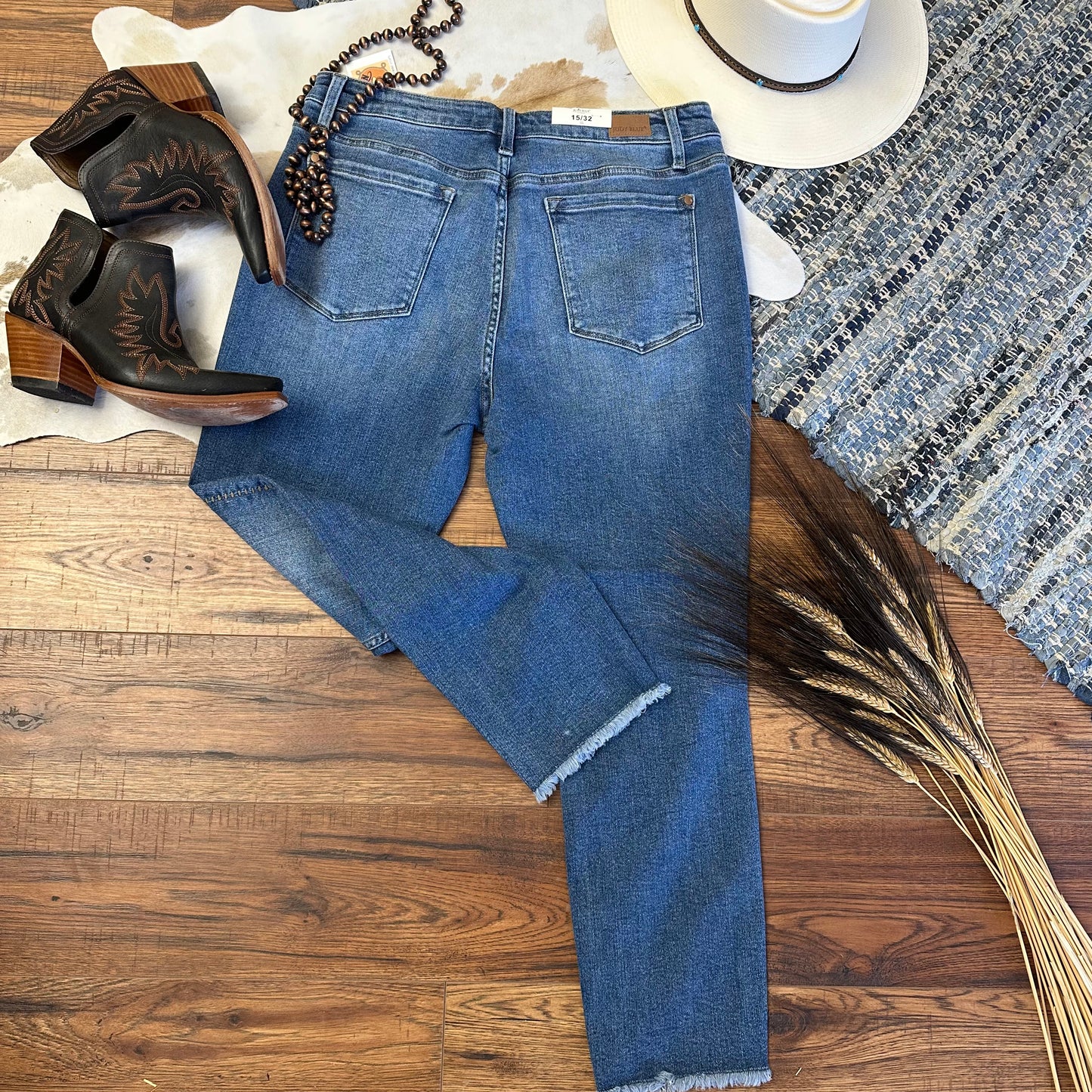 Rear view of cropped denim.