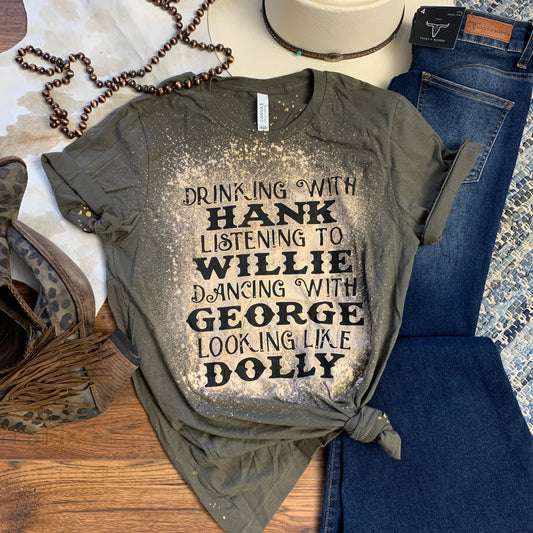 olive colored bleached tee with country classics sayings.