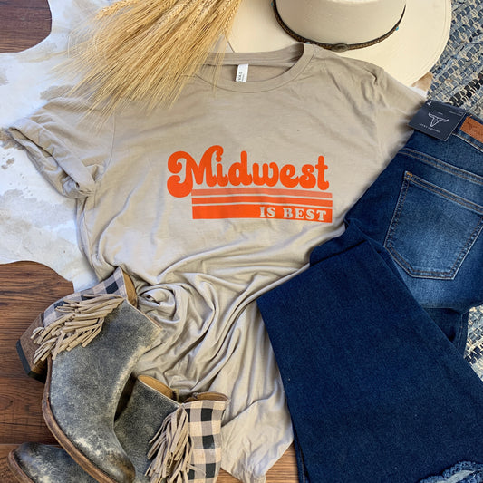 tan shirt that says MidWest is Best in orange.