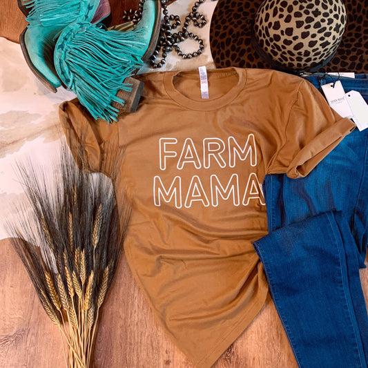 orange clay colored shirt that says farm mama.