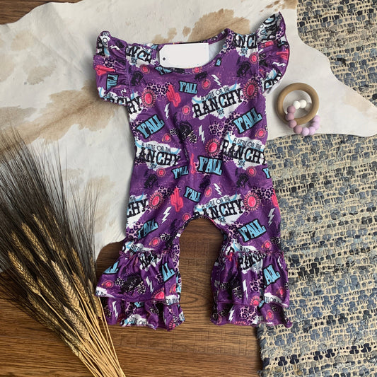 sleeveless romper in purple that says A Little on the Ranchy Side