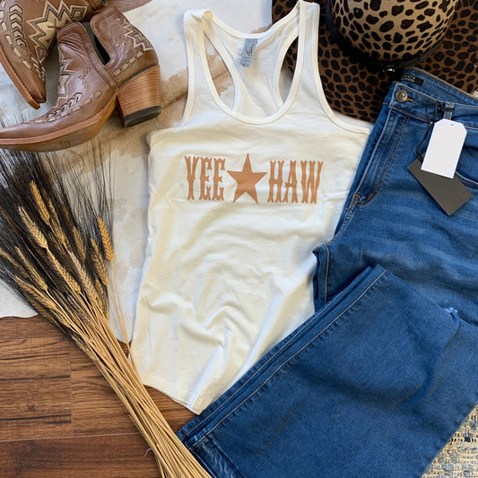 yeehaw tank, cream with clay colored type with jeans and shoes.